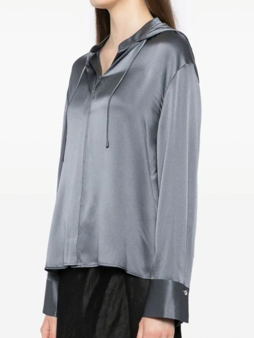 Vince Silk Satin Long-Sleeve Hooded Button-down Shirt in Lake Blue XS relaxed